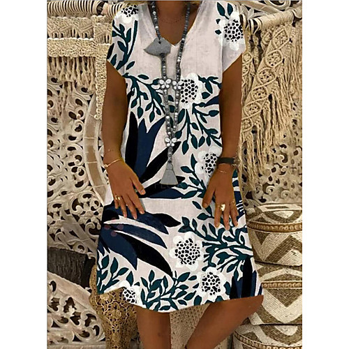 

Women's A-Line Dress Knee Length Dress - Short Sleeves Print Summer Casual Chinoiserie 2020 Navy Blue S M L XL