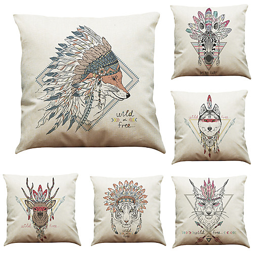 

6 pcs Faux Linen Pillow Cover Indian Style Animal Head Faux Linen Pillow Case Bedroom Car Pillow Cushion Sofa Pillow Pillow Office Nap Pillow