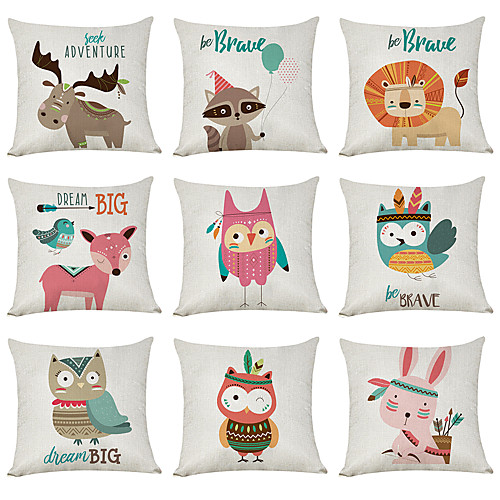 

9 pcs Faux Linen Pillow Cover, Cartoon Animals Casual Modern Square Traditional Classic