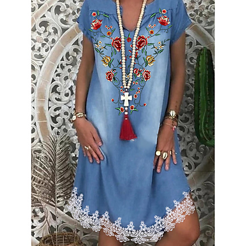 

Women's Shift Dress Knee Length Dress - Short Sleeves Floral Print Summer Casual Daily 2020 Blue M L XL XXL XXXL