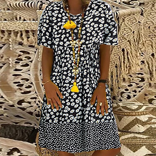 

Women's A-Line Dress Knee Length Dress - Short Sleeves Floral Summer Casual Boho Vacation 2020 Black Red M L XL XXL