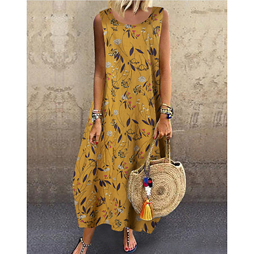 

Women's A-Line Dress Midi Dress - Sleeveless Floral Summer Casual Mumu 2020 Yellow Green Navy Blue M L XL XXL XXXL XXXXL XXXXXL