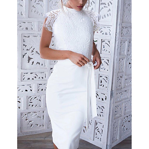 

Women's Bodycon Knee Length Dress White Sleeveless Solid Color Lace up Bow Round Neck Elegant Cocktail Party Lace S M L XL