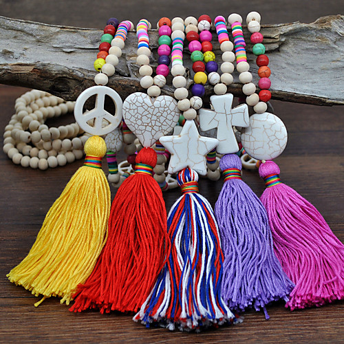 

Women's Pendant Necklace Necklace Classic Cross Heart Star Ethnic Fashion Vintage Classic Cord Wood Stone Purple Yellow Blushing Pink Rainbow Red 90 cm Necklace Jewelry 1pc For Anniversary Party