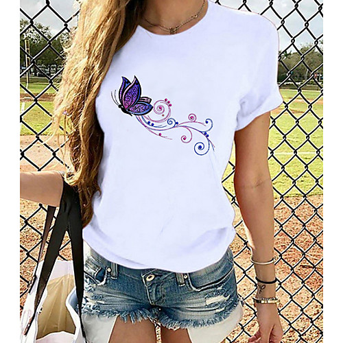 

Women's T shirt Butterfly Graphic Prints Round Neck Tops Loose 100% Cotton White