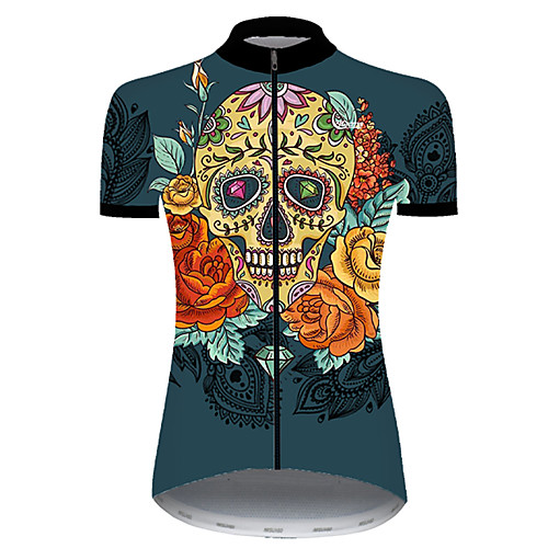 

21Grams Women's Short Sleeve Cycling Jersey Summer Nylon Polyester BlueYellow Sugar Skull Skull Floral Botanical Bike Jersey Top Mountain Bike MTB Road Bike Cycling Ultraviolet Resistant Quick Dry