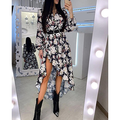 

Women's A-Line Dress Knee Length Dress - Long Sleeve Floral Summer Casual 2020 White S M L XL