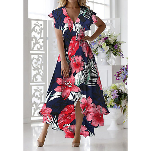 

Women's A-Line Dress Midi Dress - Short Sleeves Floral Print Summer Casual Daily 2020 Blue M L XL XXL XXXL