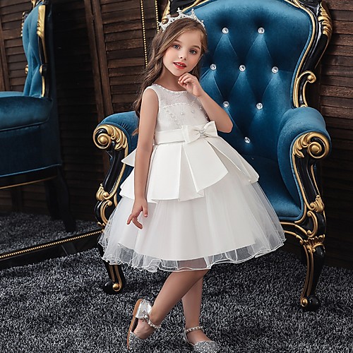 

Princess / Ball Gown Knee Length Wedding / Party Flower Girl Dresses - Satin / Tulle Sleeveless Jewel Neck with Sash / Ribbon / Bow(s) / Beading