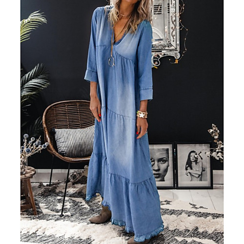 

Women's A-Line Dress Maxi long Dress - Long Sleeve Solid Color Summer Casual Daily 2020 Blue M L XL XXL XXXL