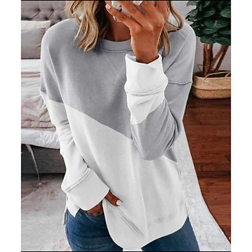 

Women's T shirt Color Block Long Sleeve Round Neck Tops Gray