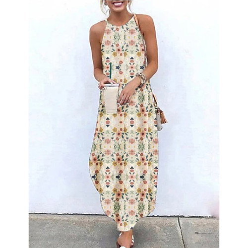 

Women's A-Line Dress Maxi long Dress - Sleeveless Print Summer Casual Mumu 2020 Dusty Blue Beige S M L XL XXL