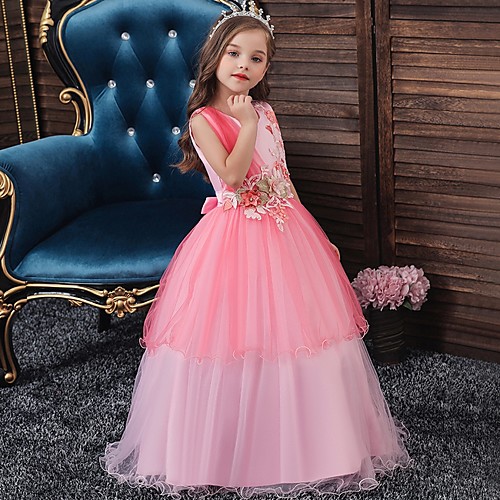 

Princess / Ball Gown Floor Length Wedding / Party Flower Girl Dresses - Tulle Sleeveless Jewel Neck with Bow(s) / Appliques