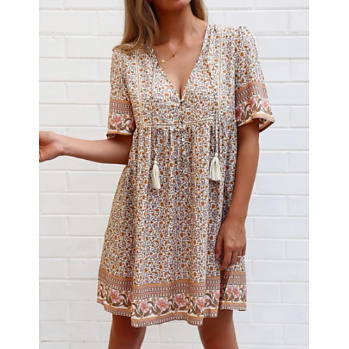 

Women's A-Line Dress Knee Length Dress - Half Sleeve Floral Summer Casual 2020 Camel S M L XL XXL XXXL