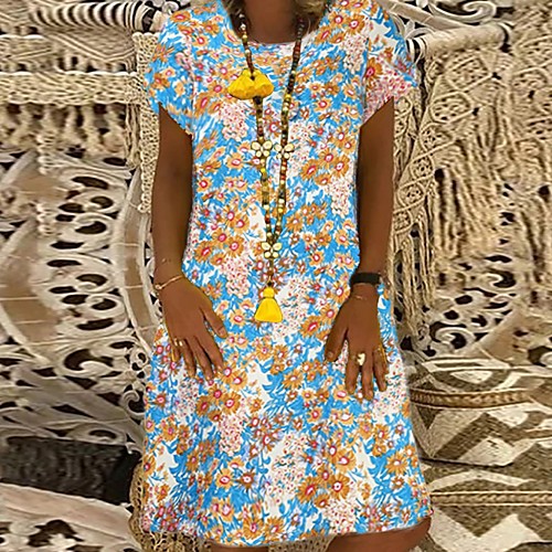 

Women's A-Line Dress Knee Length Dress - Short Sleeves Floral Summer Casual Boho Vacation 2020 Blue Green M L XL XXL