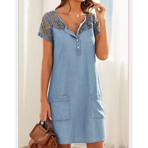 

Women's Denim Dress Short Mini Dress Light Blue Short Sleeve Solid Color Lace Pocket Button Spring Summer V Neck Casual Holiday 2021 S M L XL XXL / Cotton / Cotton