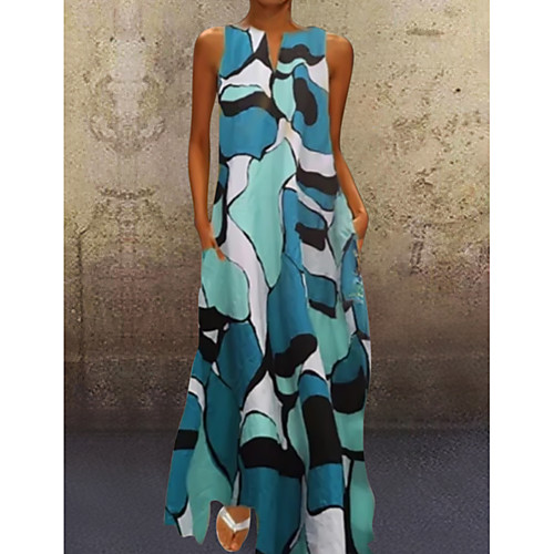 

Women's Maxi long Dress Blue Green Red Sleeveless Geometric Pocket Print Summer V Neck Hot Casual S M L XL XXL 3XL