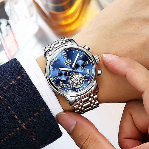 

Men's Mechanical Watch Automatic self-winding Tourbillion Stainless Steel Genuine Leather 30 m Water Resistant / Waterproof Calendar / date / day Noctilucent Analog Fashion Cool - Black / Silver