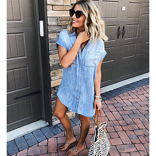 

Women's Denim Shirt Dress Short Mini Dress Light Blue Short Sleeve Solid Color Pocket Button Front Spring Summer Shirt Collar Work Chic & Modern Casual Work Loose 2021 S M L XL