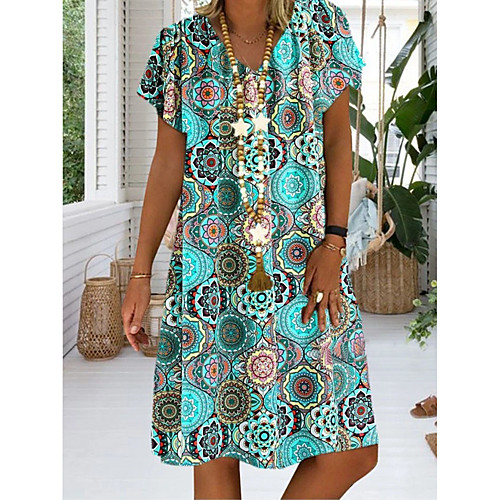 

Women's Shift Dress Knee Length Dress - Short Sleeves Geometric Summer Boho 2020 Red Green Navy Blue S M L XL XXL XXXL XXXXL