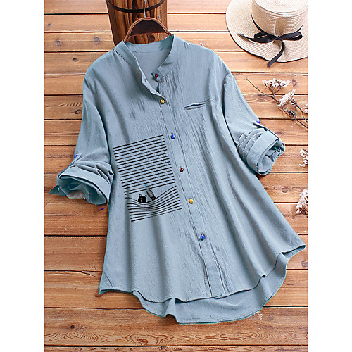 

Women's Plus Size Blouse Shirt Cartoon Long Sleeve Standing Collar Tops Green Light Blue