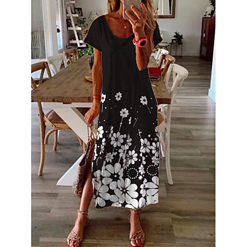 

Women's Shift Dress Midi Dress - Short Sleeves Floral Print Summer Casual Daily 2020 Black M L XL XXL XXXL