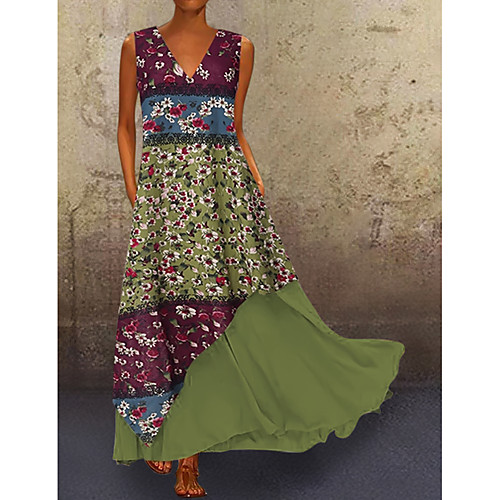 

Women's Shift Dress Maxi long Dress Blue Blushing Pink Green Sleeveless Print Color Block Summer V Neck Casual Loose 2021 M L XL XXL 3XL 4XL 5XL