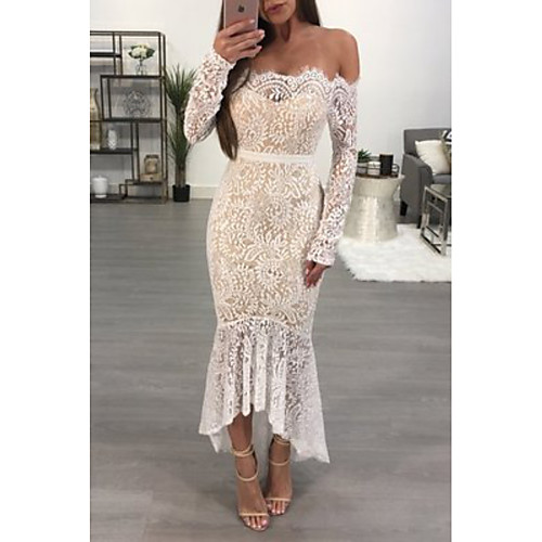 

Women's Trumpet / Mermaid Dress Maxi long Dress White Long Sleeve Floral Lace Spring Summer Off Shoulder Hot Sexy Party Club Slim 2021 S M L XL