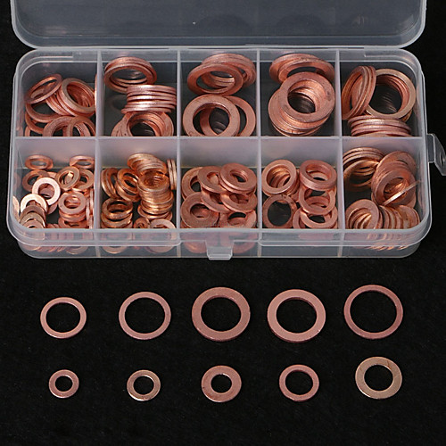 

200PCS M5-M14 Copper Washer Gasket Set Flat Ring Seal Kit With Storage Box Case