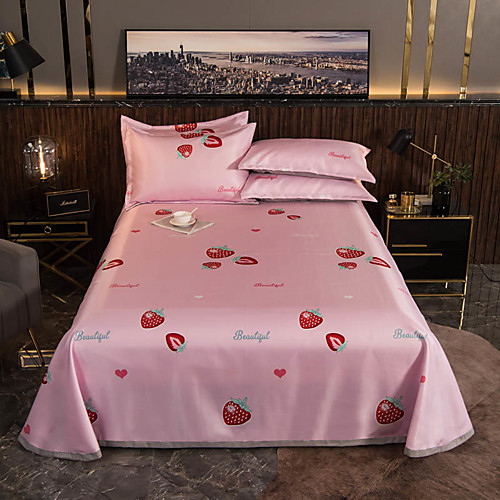 

Summer Mat - 3-Piece Set / 1 Bed Sheet and 2 Pillowcases / Ultra Silky Soft Polyester / Strawberry Printed / Pink