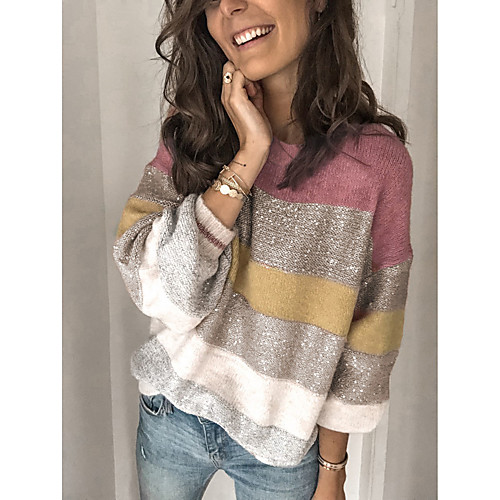 

Women's Striped Pullover Long Sleeve Sweater Cardigans Round Neck Fall Winter Blue Blushing Pink