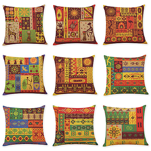 

9 pcs Faux Linen Pillow Cover, Indian Style Square Traditional Classic Home Sofa Decorative Outdoor Cushion for Sofa Couch Bed Chair