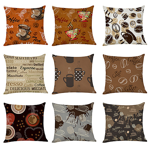 

9 pcs Linen Pillow Cover, Coffee Series Casual Modern Square Traditional Classic