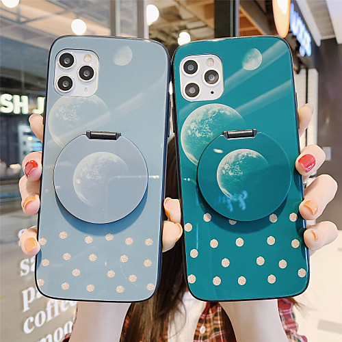 

Mirror Holder Tempered Glass Phone Case Moon Pattern for Apple iPhone Case 11 Pro Max X XR XS Max 8 Plus 7 Plus 6 Plus SE(2020) Curve Back Cover