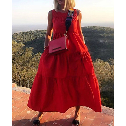 

Women's A-Line Dress Knee Length Dress - Sleeveless Solid Color Summer Casual Chinoiserie 2020 Red Green S M L XL XXL