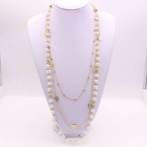 

Women's Layered Necklace Long Flower Fashion Imitation Pearl Chrome Gold 565 cm Necklace Jewelry For Festival