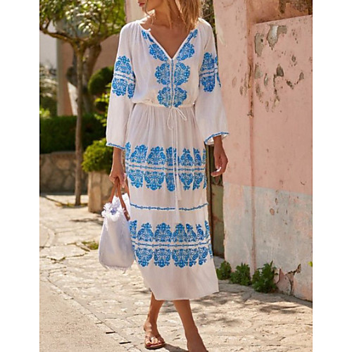 

Women's A-Line Dress Midi Dress - 3/4 Length Sleeve Floral Summer Casual 2020 White Blue Purple S M L XL XXL XXXL