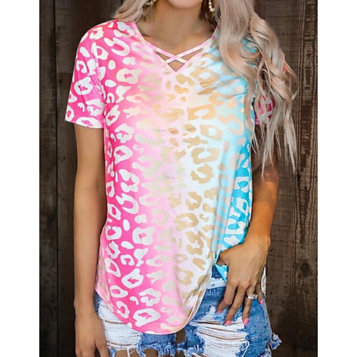 

Women's T shirt Geometric Tie Dye Leopard V Neck Tops Blue Purple Red
