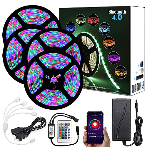

20M (4x5M) App Intelligent Control Bluetooth Music Sync Flexible Led Strip Lights 2835 RGB SMD 1080 LEDs IR 24 Key Bluetooth Controller with 12V Adapter Kit