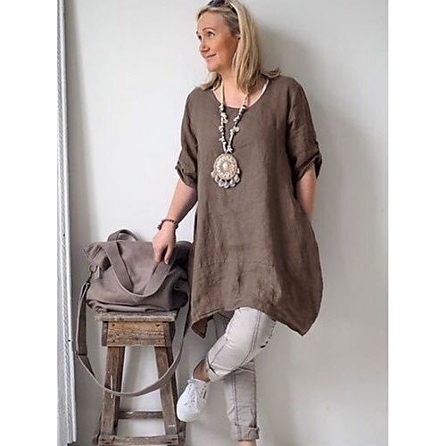 

Women's Shift Dress Knee Length Dress - Short Sleeves Solid Color Summer Casual Chinoiserie 2020 Light Brown Black Blue Army Green Beige S M L XL XXL XXXL XXXXL XXXXXL XXXXXXL