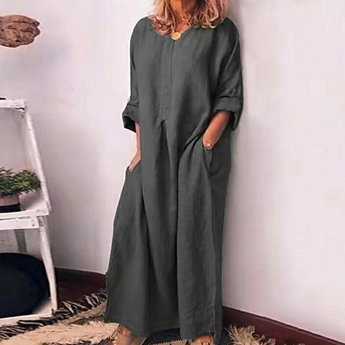 

Women's A Line Dress Maxi long Dress Wine Gray Green 3/4 Length Sleeve Solid Color Summer V Neck Hot Casual 2021 S M L XL XXL 3XL 4XL 5XL