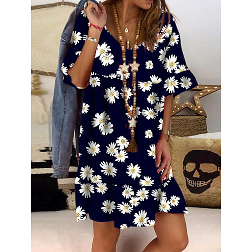 

Women's Shift Dress Knee Length Dress - 3/4 Length Sleeve Floral Summer Casual 2020 Navy Blue M L XL XXL XXXL