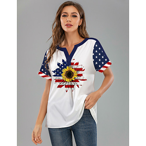 

Women's Floral National Flag Sun Flower Print Blouse Daily V Neck White