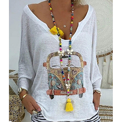 

Women's T shirt Cartoon Long Sleeve V Neck Tops White Black Blushing Pink
