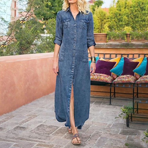 

Women's Denim Shirt Dress Maxi long Dress Blue Black Long Sleeve Solid Color Split Pocket Spring Summer Shirt Collar Casual Holiday 2021 S M L XL XXL 3XL