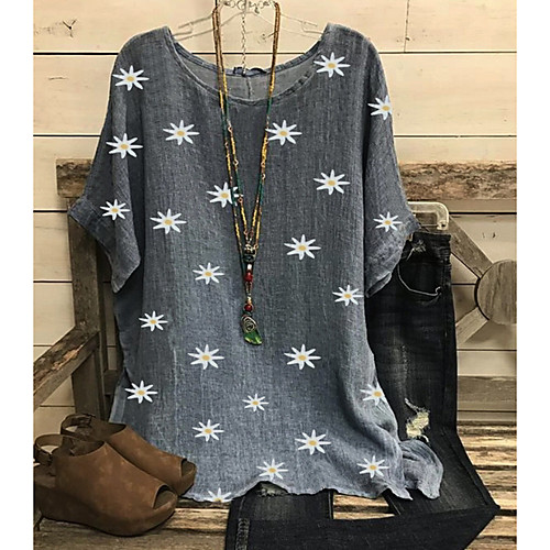 

Women's T shirt Floral Half Sleeve Daily Tops Red Green Gray