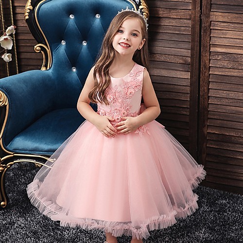 

Princess / Ball Gown Knee Length Wedding / Party Flower Girl Dresses - Tulle Sleeveless Jewel Neck with Bow(s) / Beading / Appliques