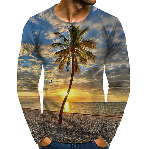 

Men's T shirt Graphic Scenery Plus Size Print Long Sleeve Daily Tops Streetwear Exaggerated Rainbow