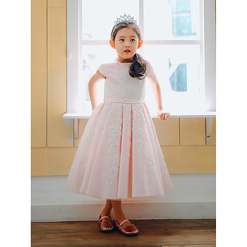 

Ball Gown Tea Length Flower Girl Dresses Wedding Lace Cap Sleeve Jewel Neck with Belt