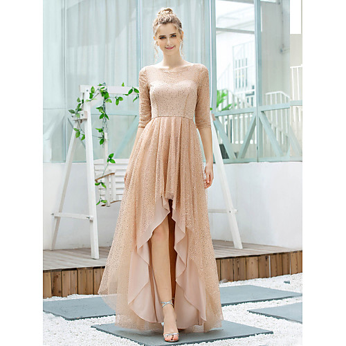 

A-Line Glittering Minimalist Wedding Guest Cocktail Party Dress Jewel Neck Half Sleeve Asymmetrical Tulle with Sequin 2020